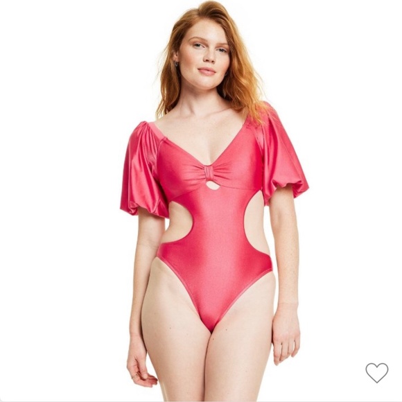 Women's Metallic Puff Sleeve Cut Out Medium Coverage One Piece Swimsuit - Fe Noe - Picture 1 of 5